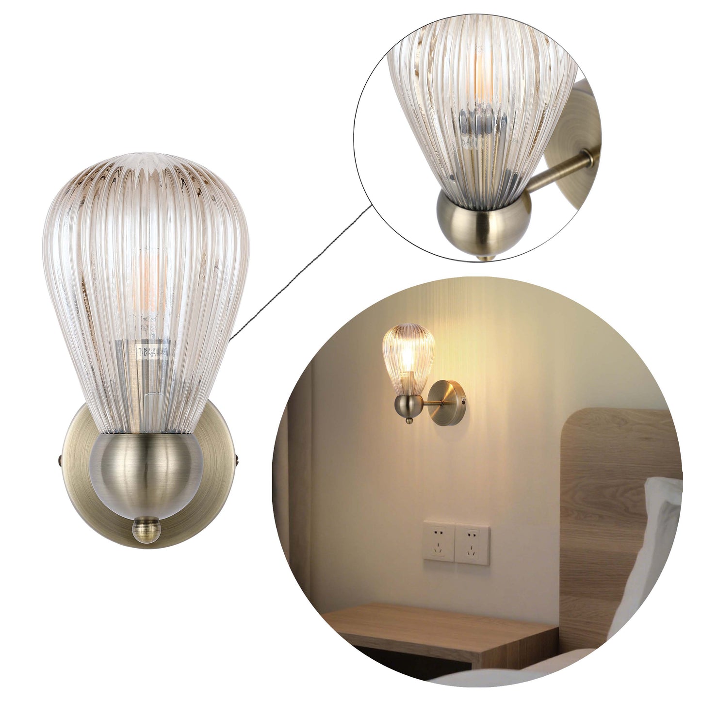 Vintage Antique Brass Wall Sconce with Clear Glass Shade, E14 Dimmable