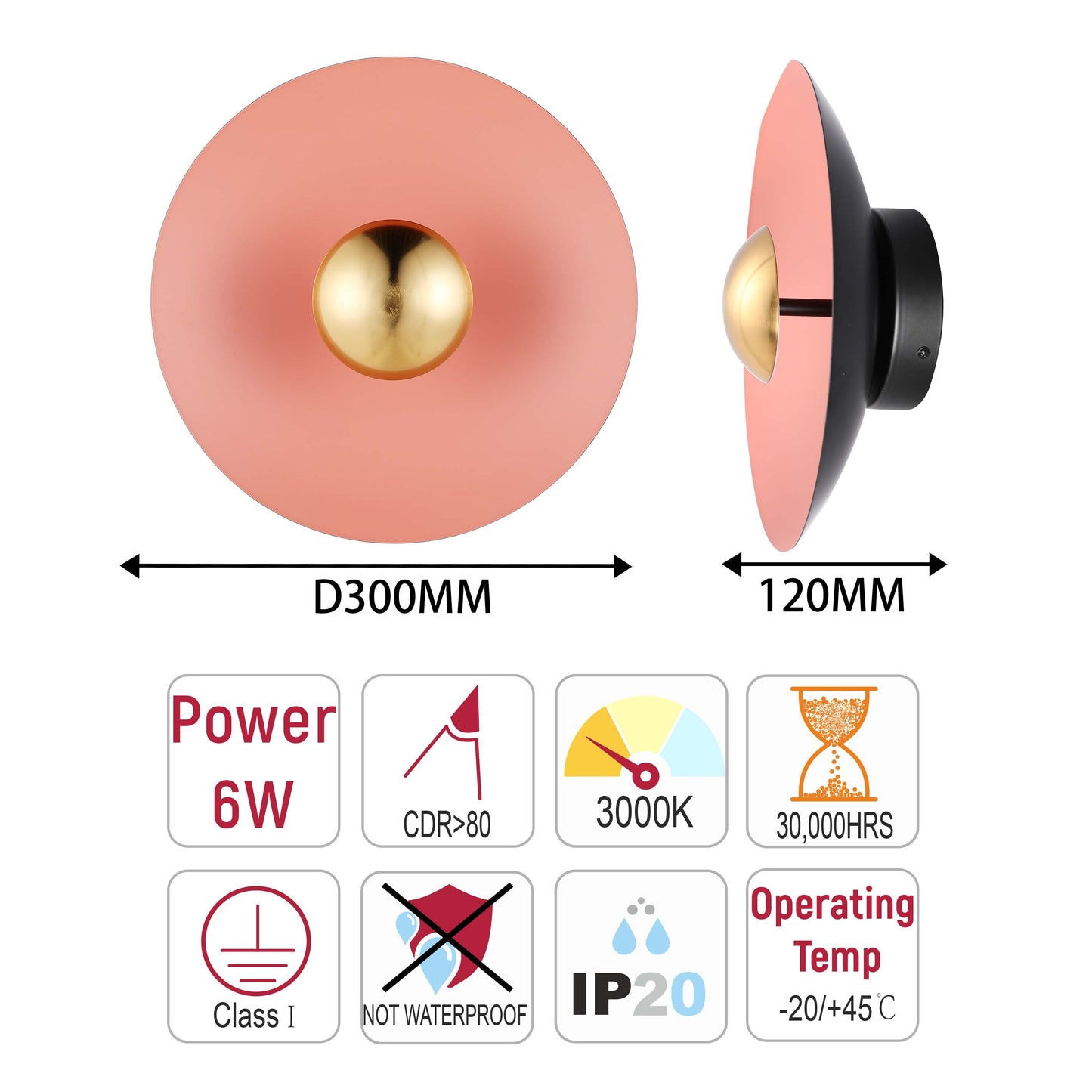 Modern Circular LED Wall Sconce with Gold Accent (White, Pink, Blue), 6W 3000K