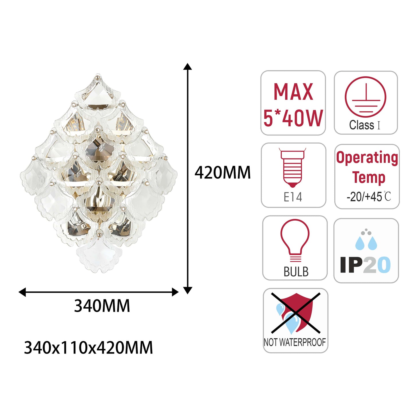Luxury Gold Crystal Wall Light M2123, 5-Light E14 Sconce