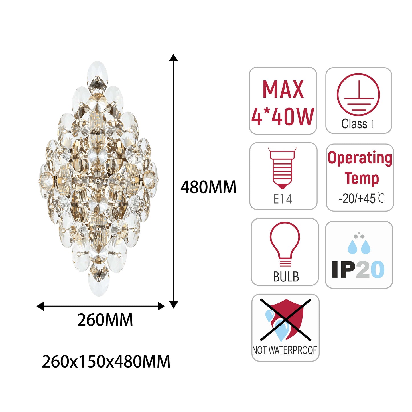 Luxury Gold Crystal Wall Sconce M2158, 4-Light E14