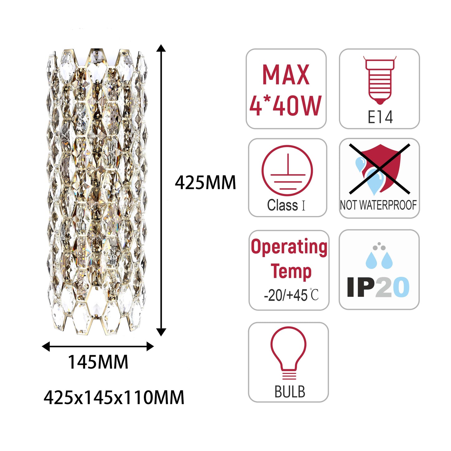Premium Gold Crystal Deco Wall Sconce, E14 Dimmable