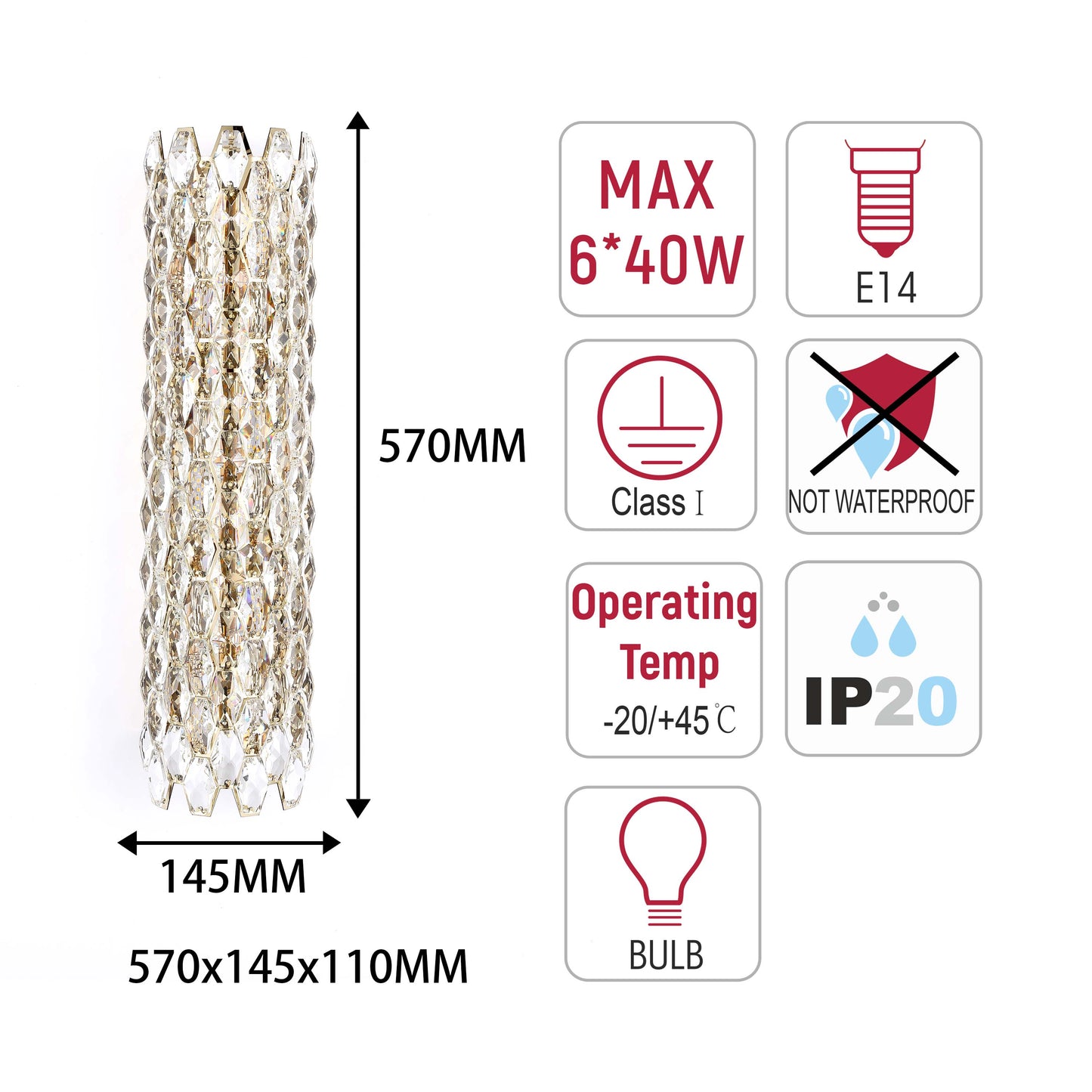 Premium Gold Crystal Deco Wall Sconce, E14 Dimmable