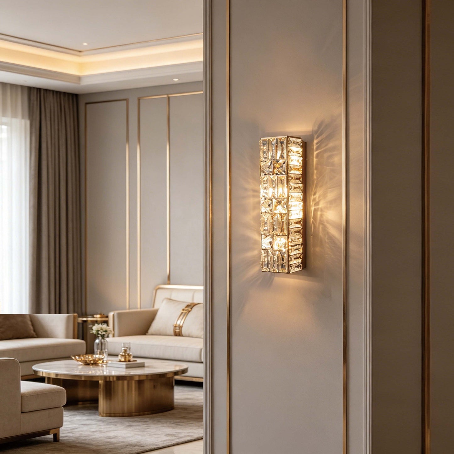 Premium Gold Geometric Crystal Wall Sconce, E14 Dimmable