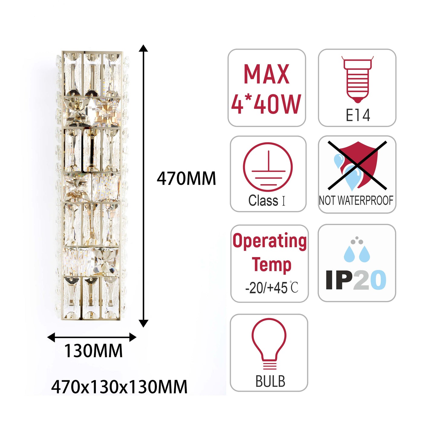 Premium Gold Geometric Crystal Wall Sconce, E14 Dimmable