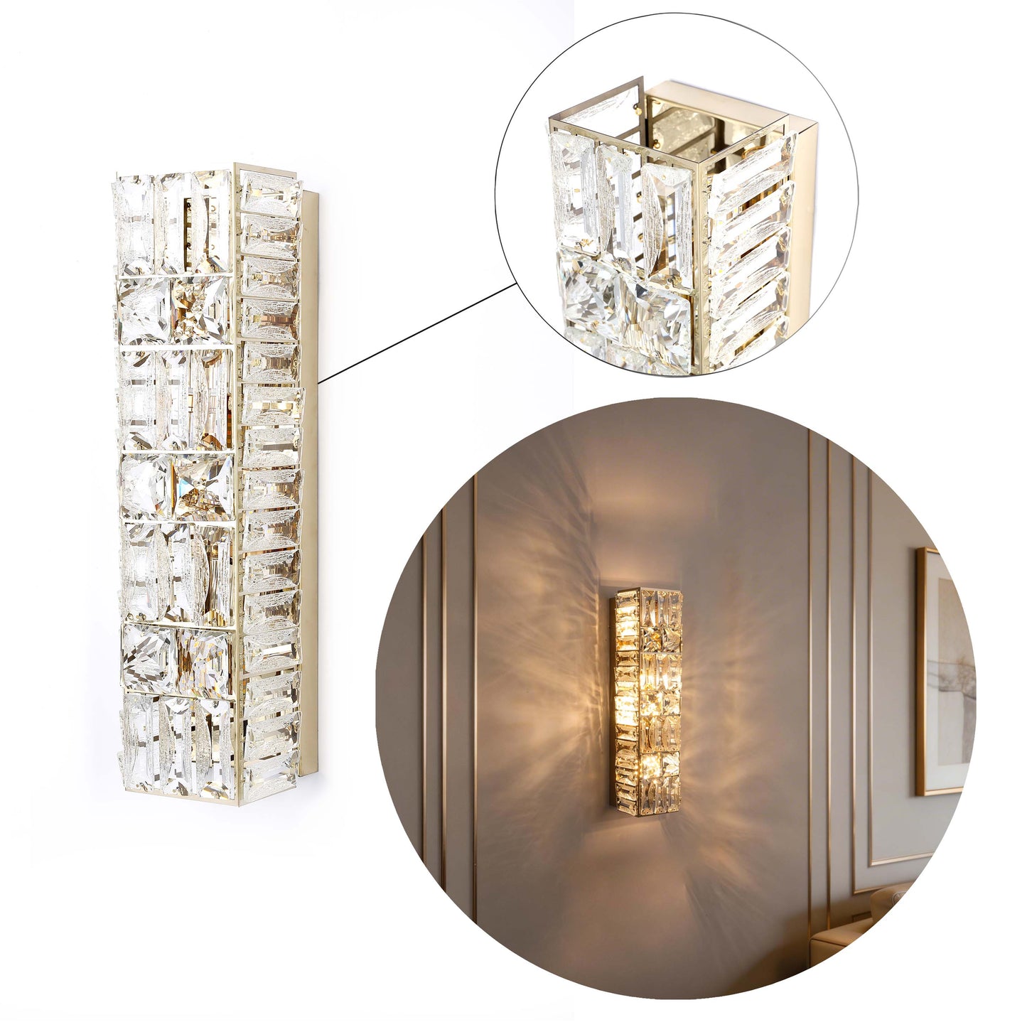 Premium Gold Geometric Crystal Wall Sconce, E14 Dimmable