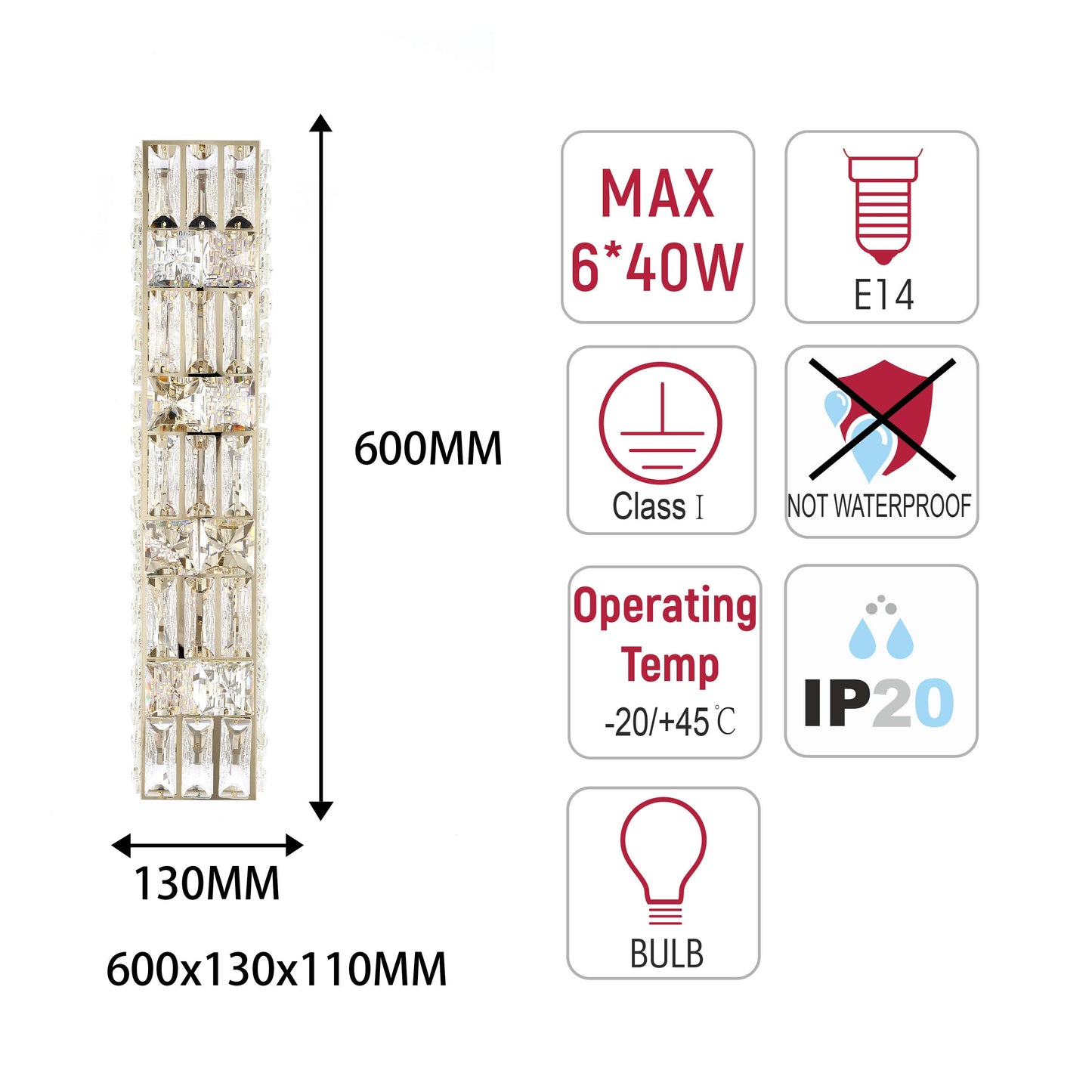 Premium Gold Geometric Crystal Wall Sconce, E14 Dimmable