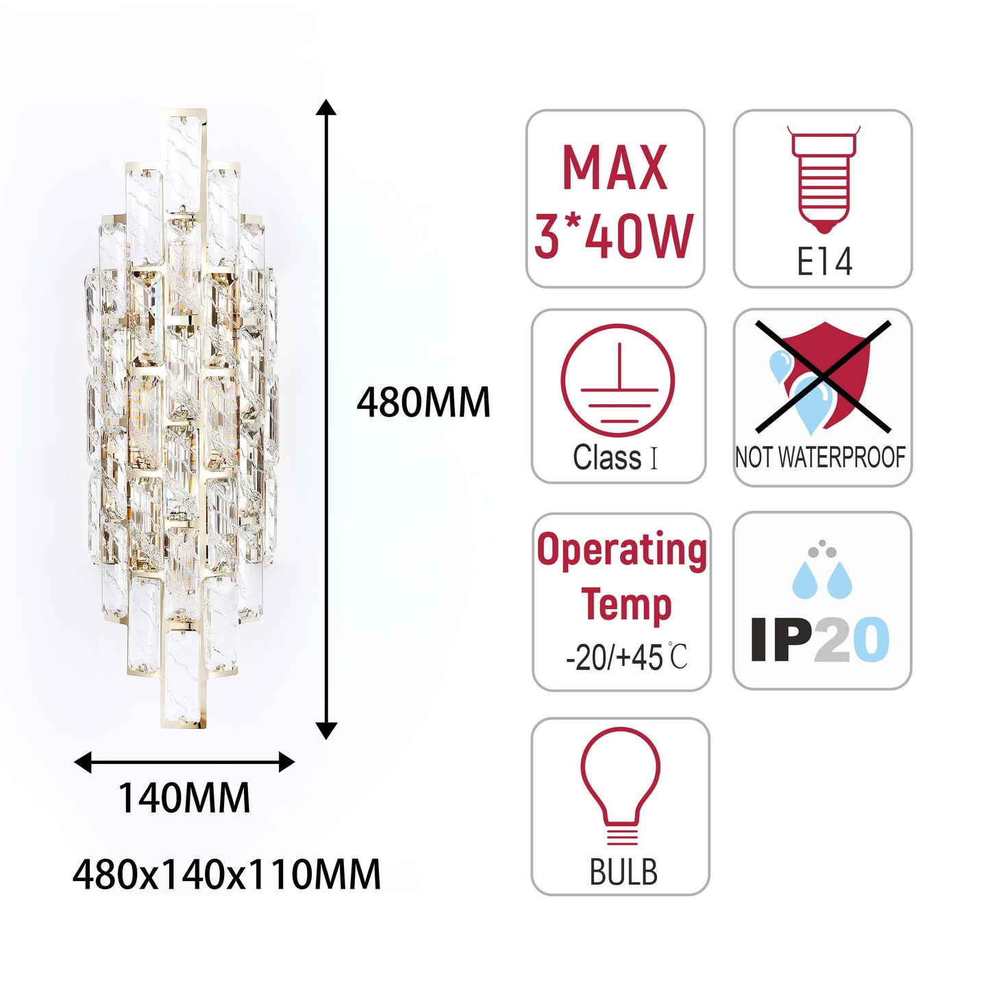 Premium Gold Tiered Crystal Wall Sconce, E14 Dimmable