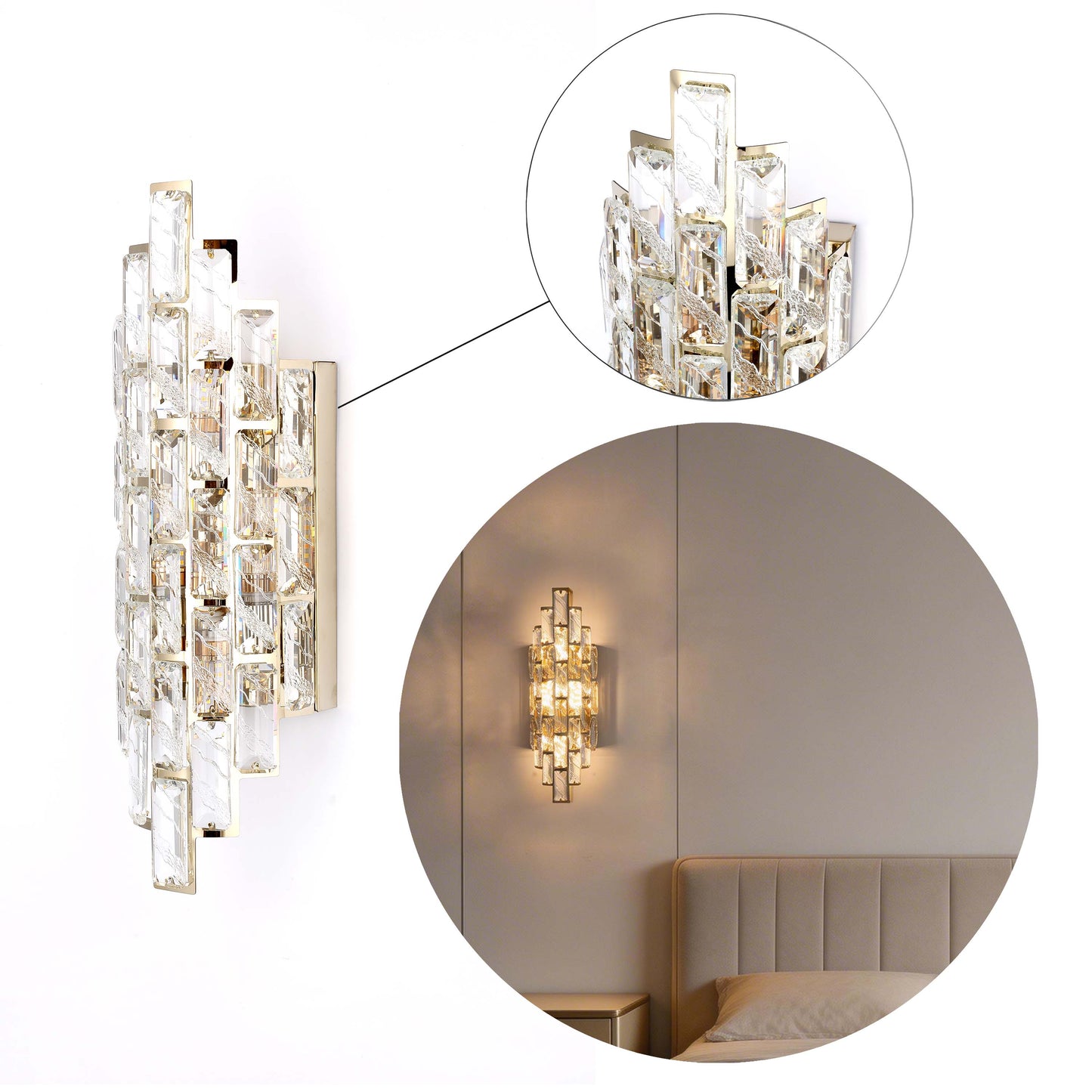 Premium Gold Tiered Crystal Wall Sconce, E14 Dimmable