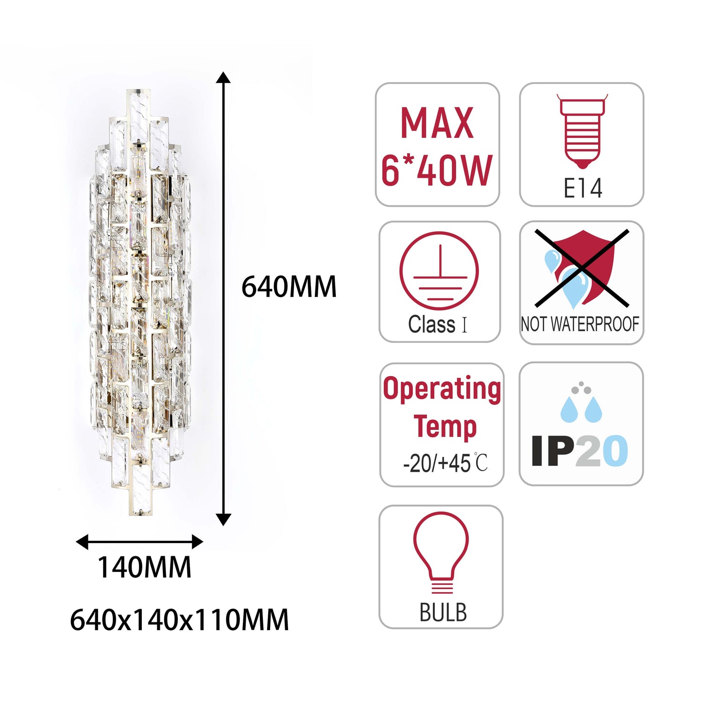 Premium Gold Tiered Crystal Wall Sconce, E14 Dimmable