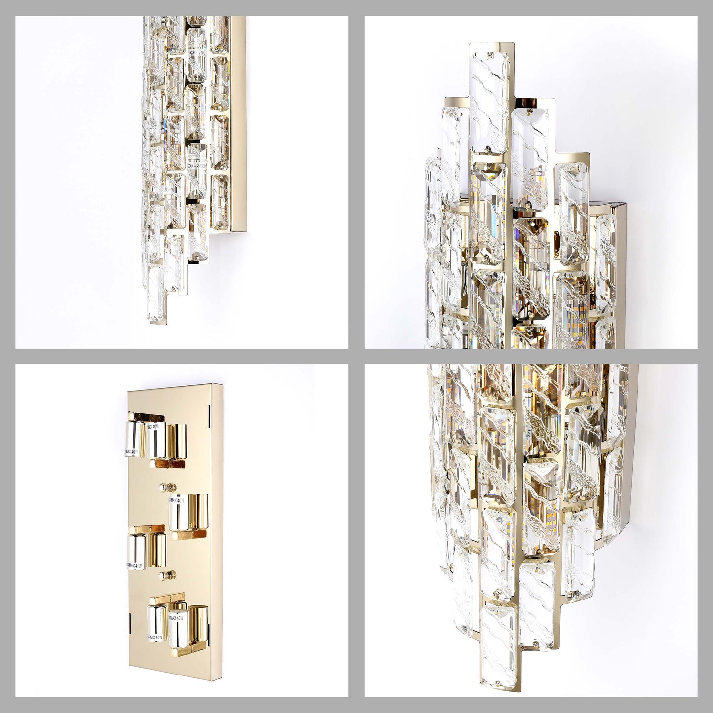 Premium Gold Tiered Crystal Wall Sconce, E14 Dimmable