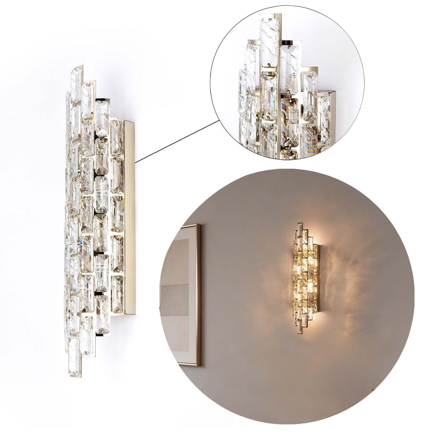 Premium Gold Tiered Crystal Wall Sconce, E14 Dimmable