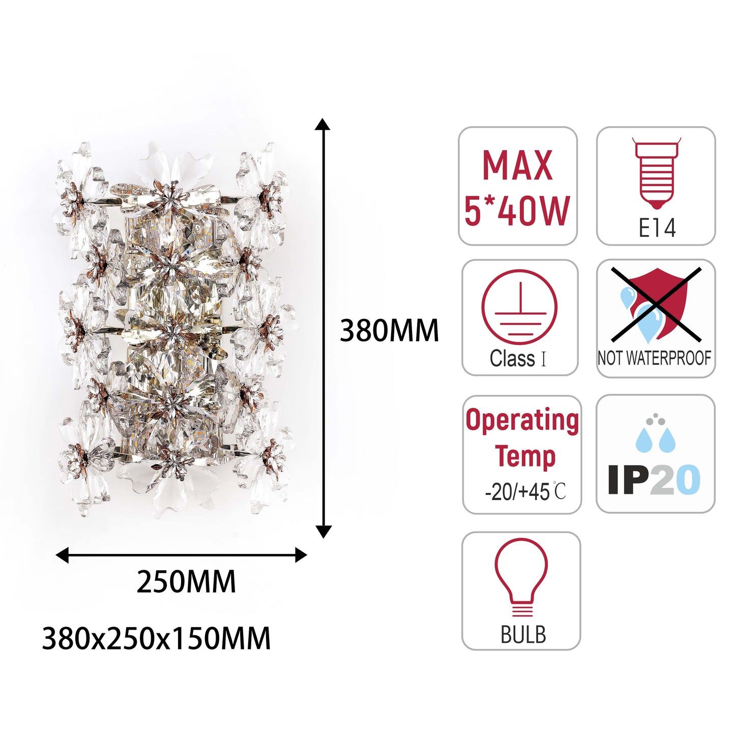 Premium Gold Crystal Deco Wall Sconce, 5-Light E14 Dimmable