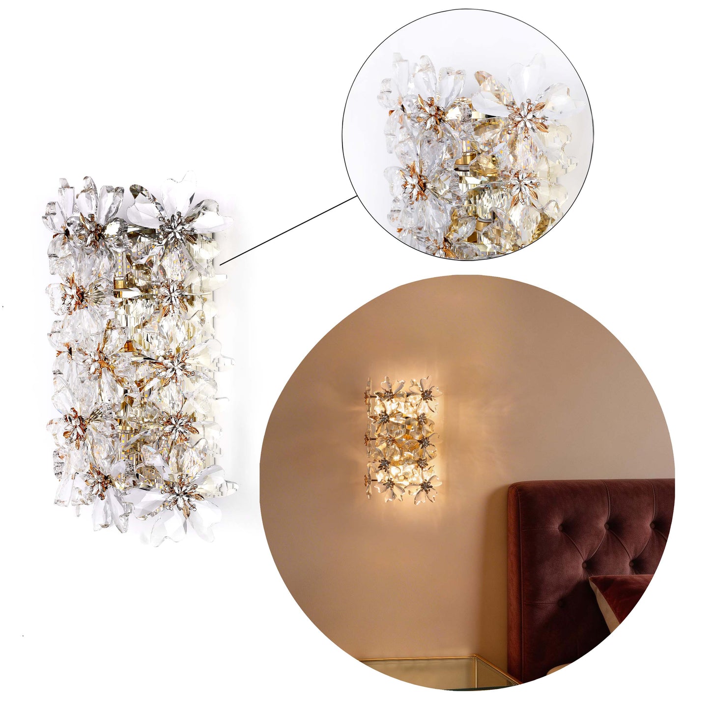Premium Gold Crystal Deco Wall Sconce, 5-Light E14 Dimmable