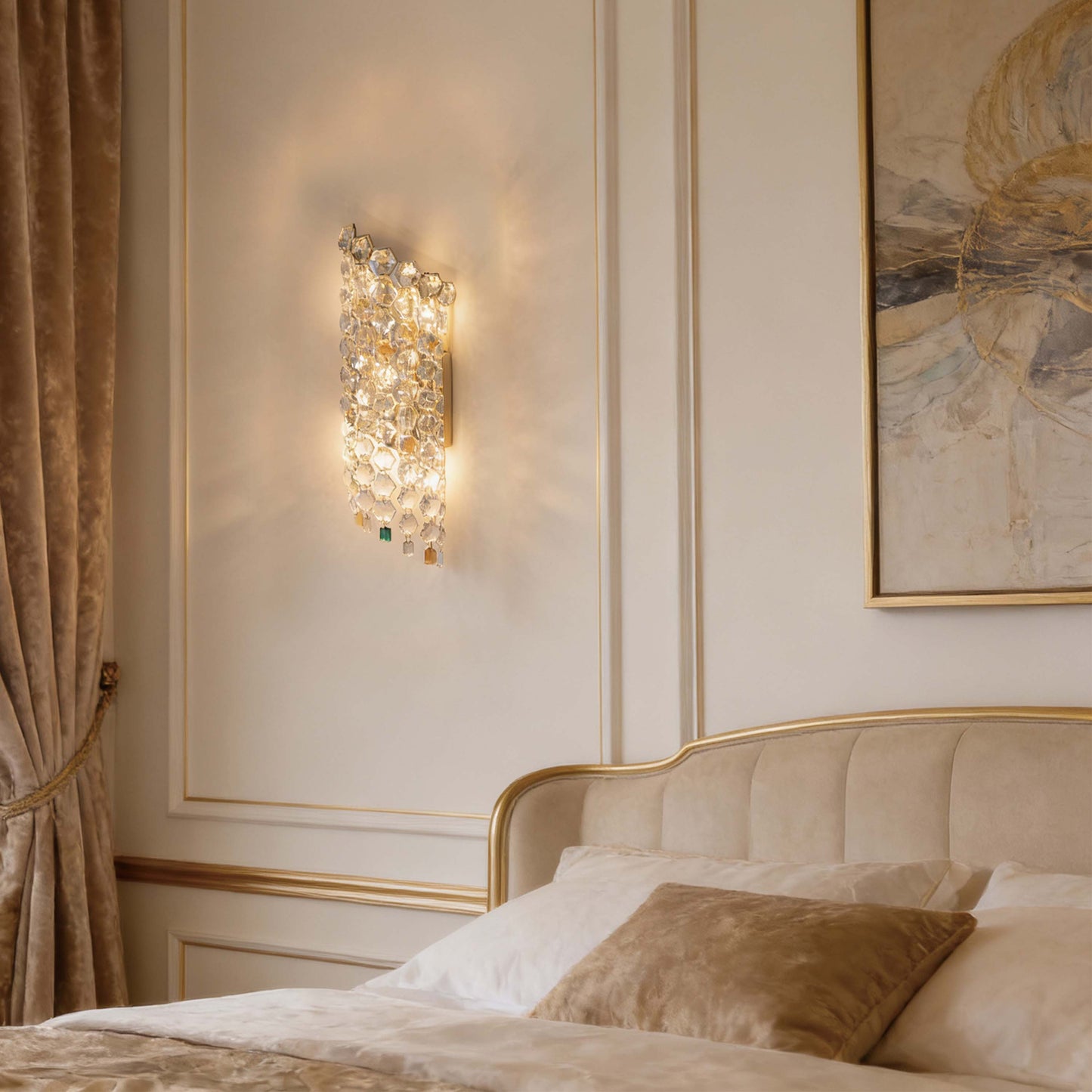 Premium Gold Tall Crystal Wall Sconce, 5-Light E14 Dimmable