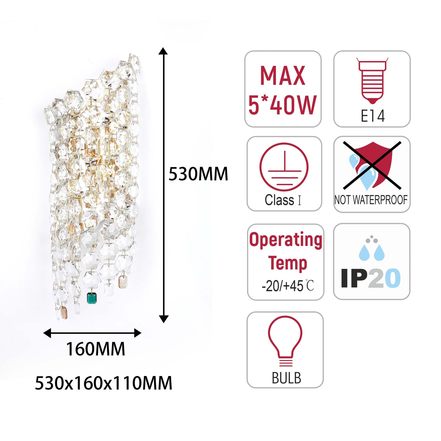 Premium Gold Tall Crystal Wall Sconce, 5-Light E14 Dimmable