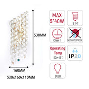 Premium Gold Tall Crystal Wall Sconce, 5-Light E14 Dimmable