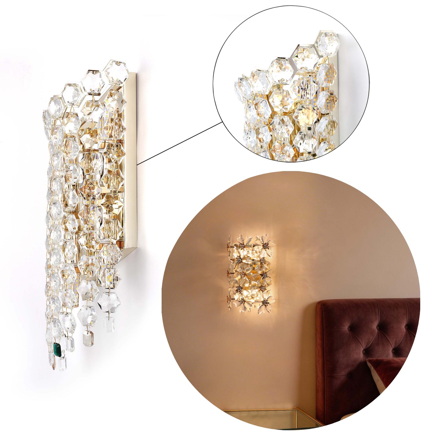 Premium Gold Tall Crystal Wall Sconce, 5-Light E14 Dimmable