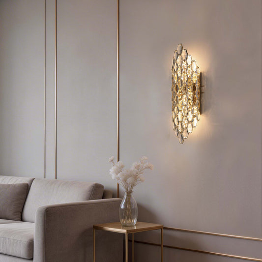 Premium Gold Shield Crystal Wall Sconce, E14 Dimmable