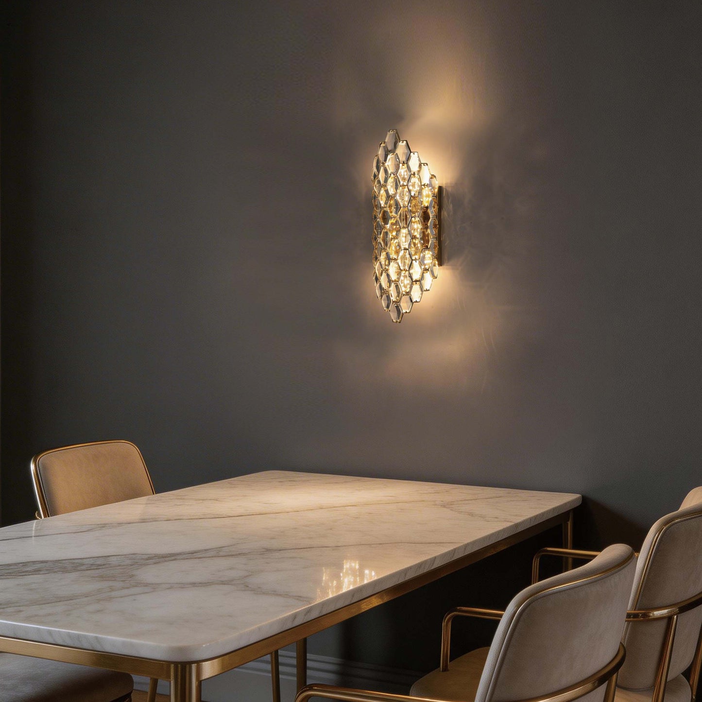 Premium Gold Shield Crystal Wall Sconce, E14 Dimmable