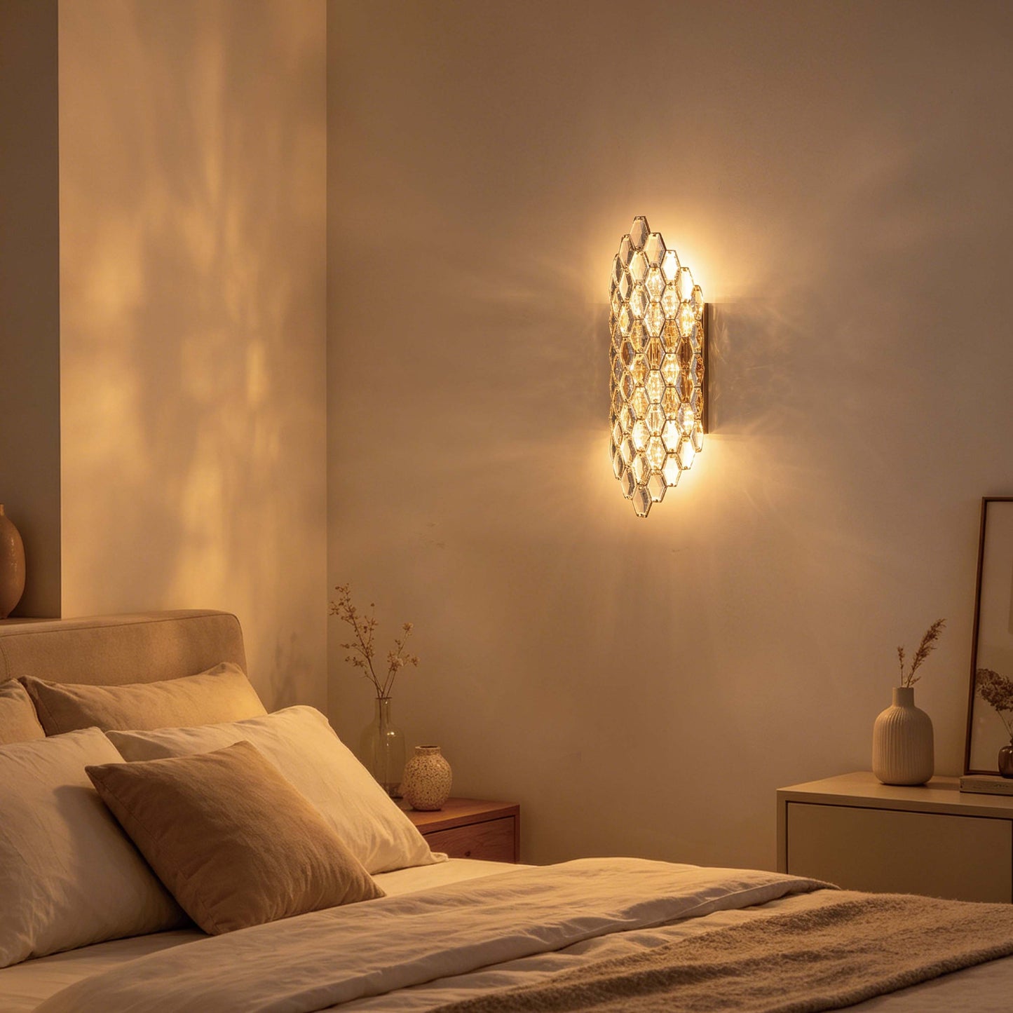 Premium Gold Shield Crystal Wall Sconce, E14 Dimmable