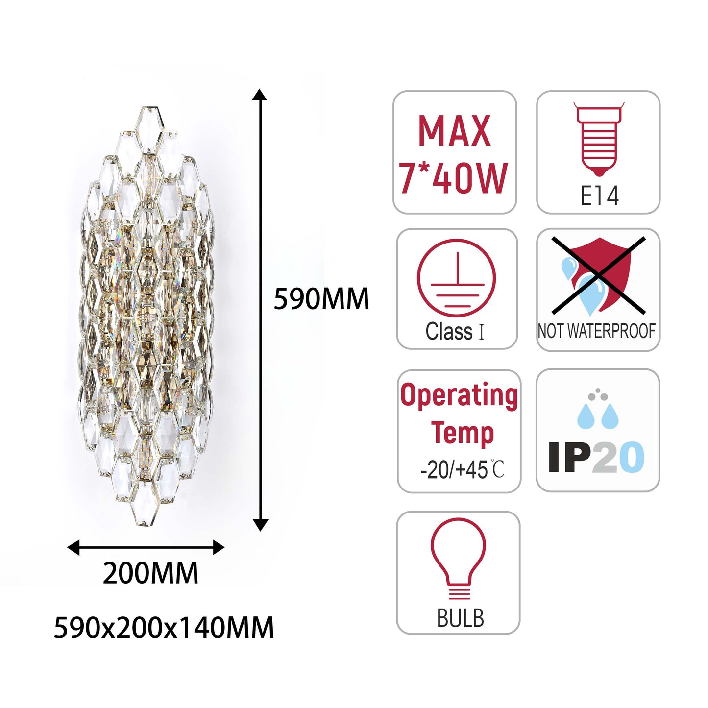 Premium Gold Shield Crystal Wall Sconce, E14 Dimmable