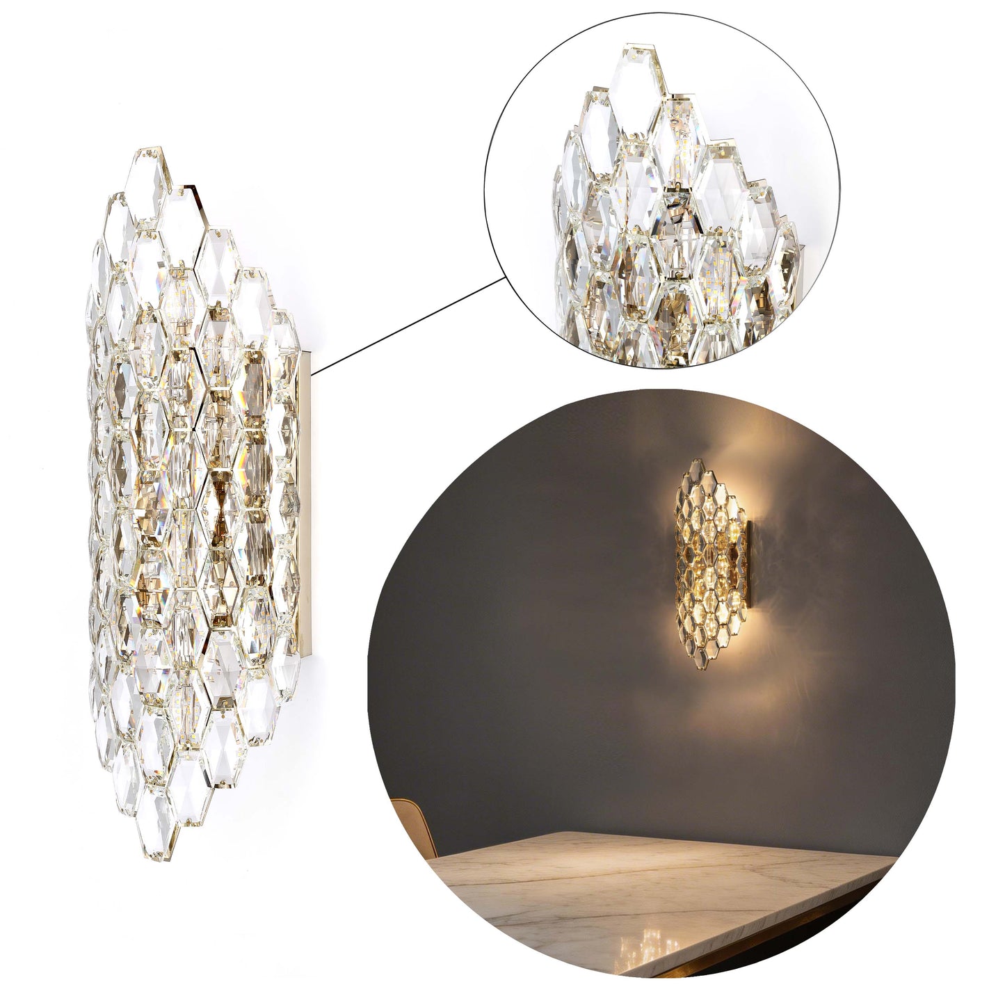 Premium Gold Shield Crystal Wall Sconce, E14 Dimmable