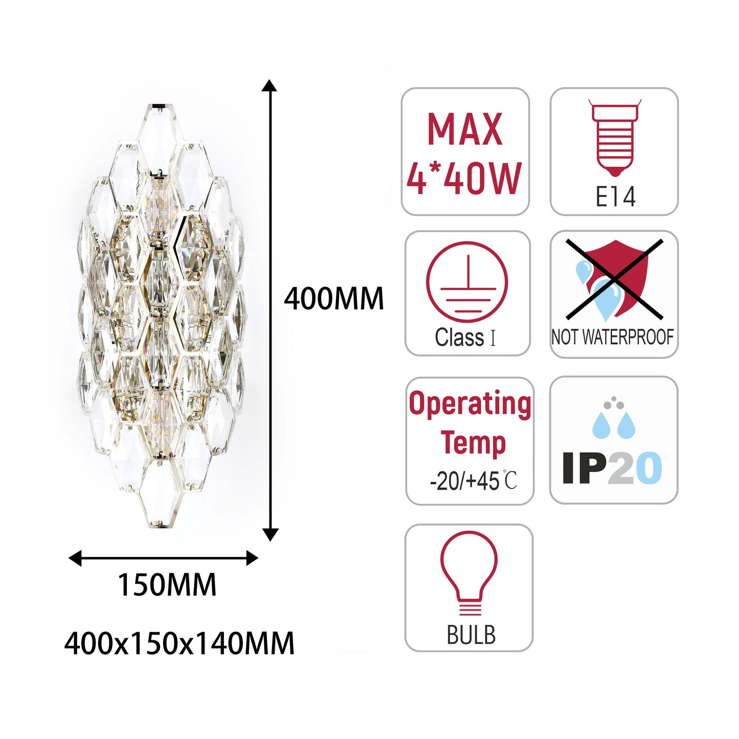 Premium Gold Shield Crystal Wall Sconce, E14 Dimmable