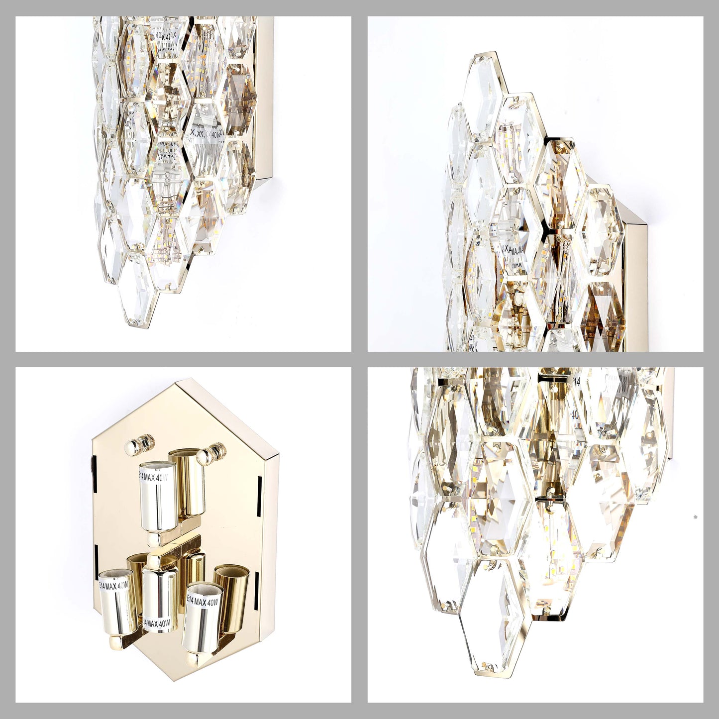 Premium Gold Shield Crystal Wall Sconce, E14 Dimmable
