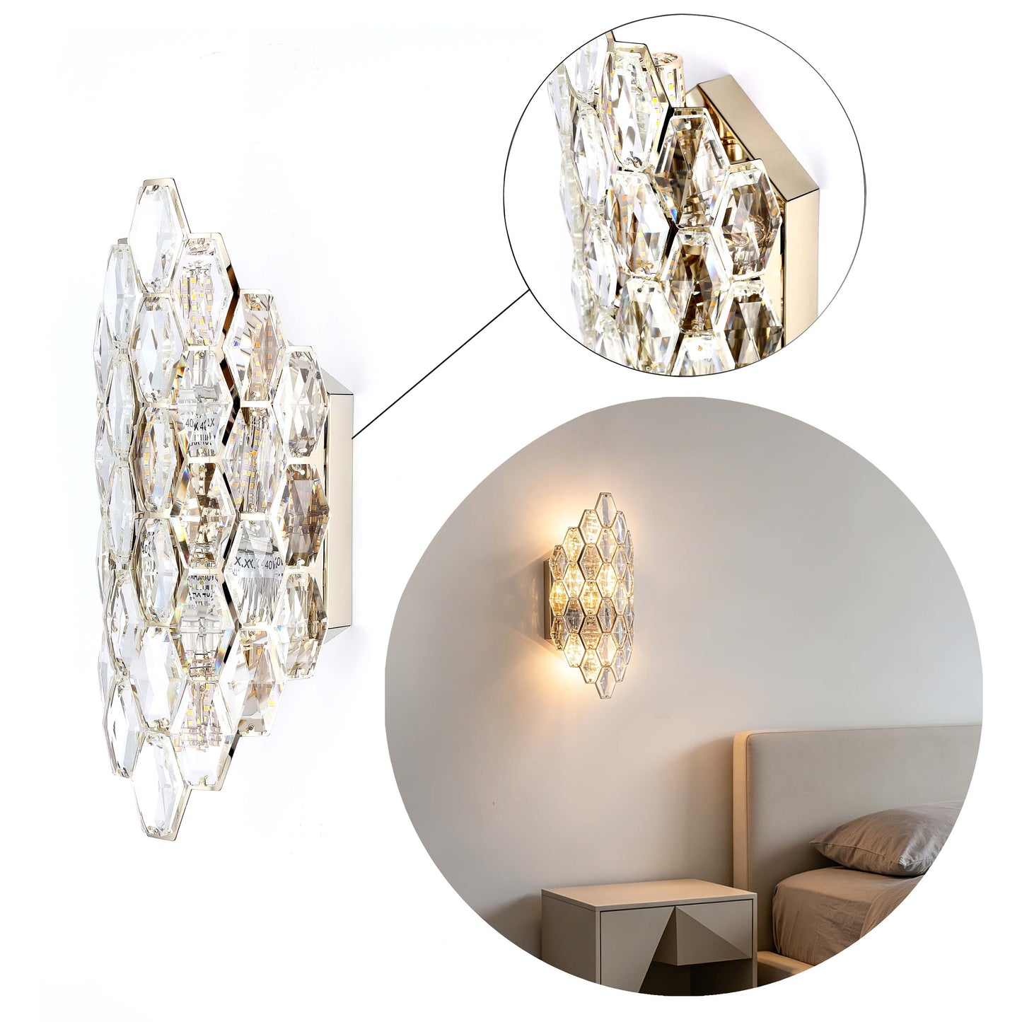 Premium Gold Shield Crystal Wall Sconce, E14 Dimmable