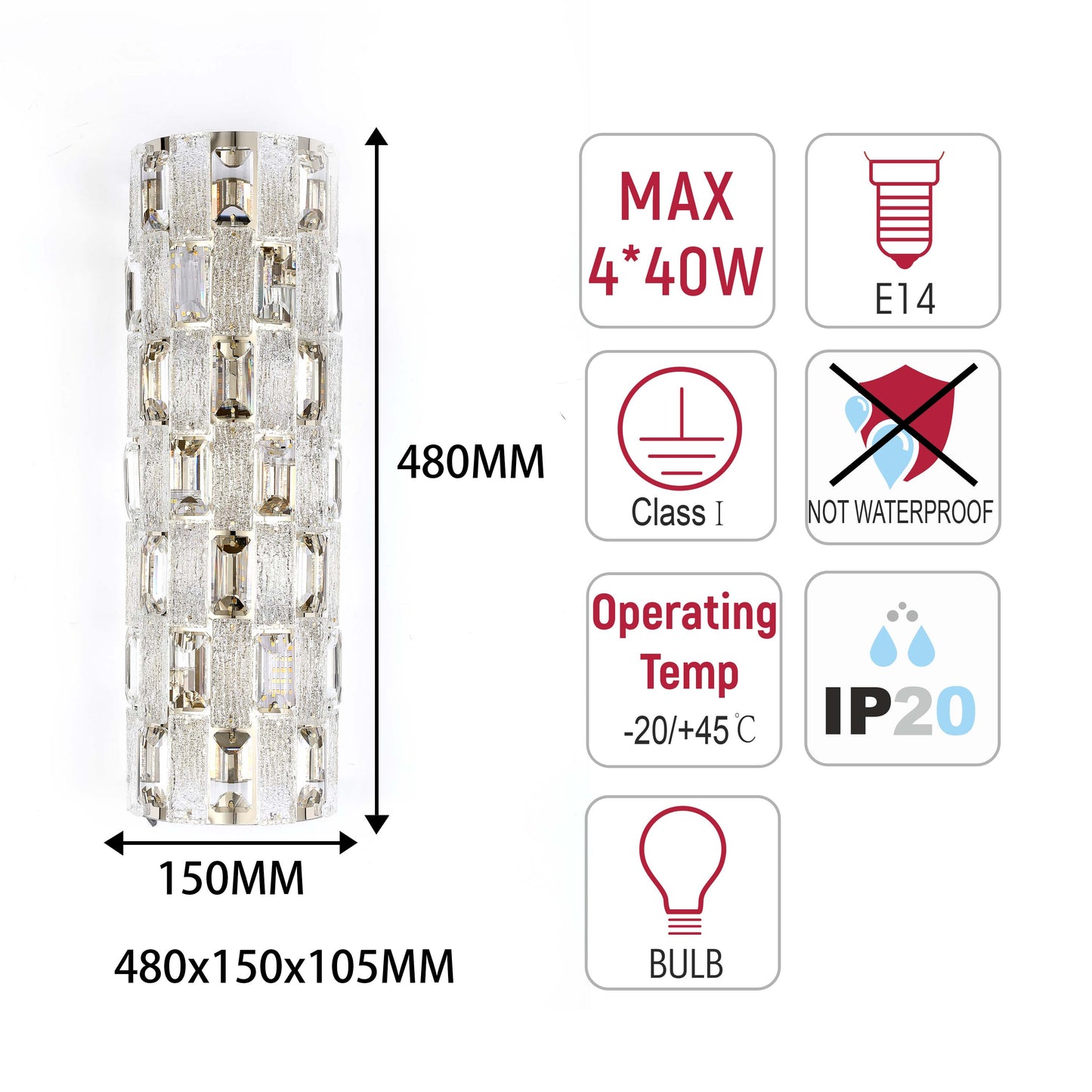 Premium Gold Textured Crystal Wall Sconce, E14 Dimmable