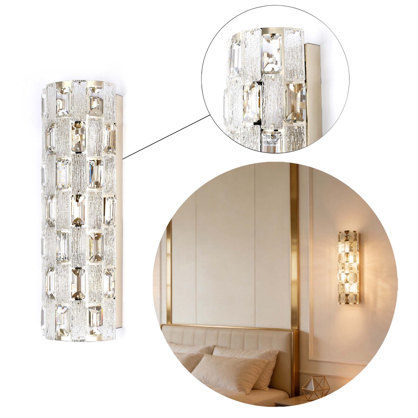 Premium Gold Textured Crystal Wall Sconce, E14 Dimmable