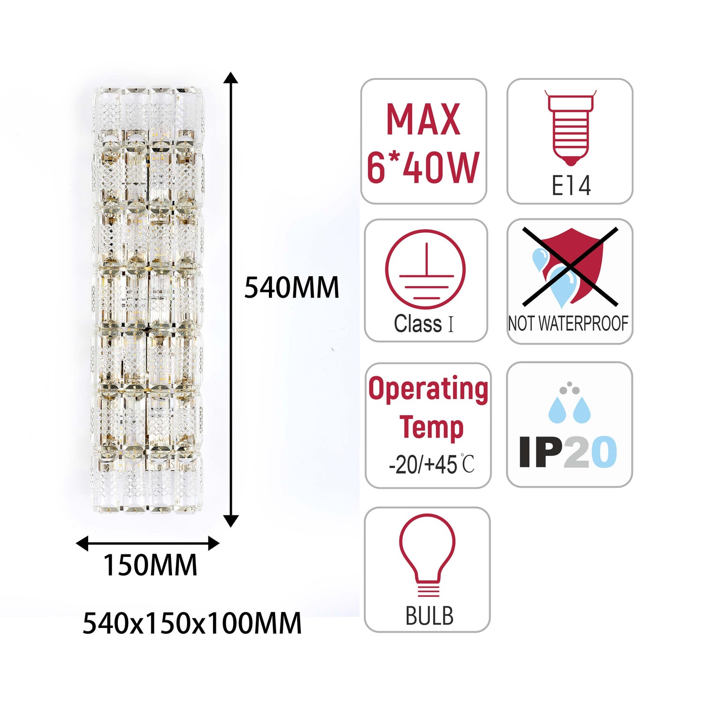 Premium Gold Textured Crystal Wall Sconce, E14 Dimmable