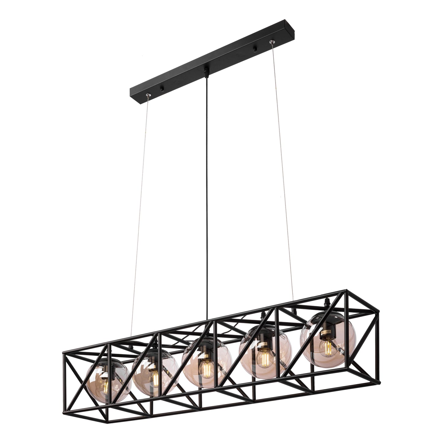 Black Cuboid Metal Amber Globe Glass Island Chandelier Ceiling Light 5xE27