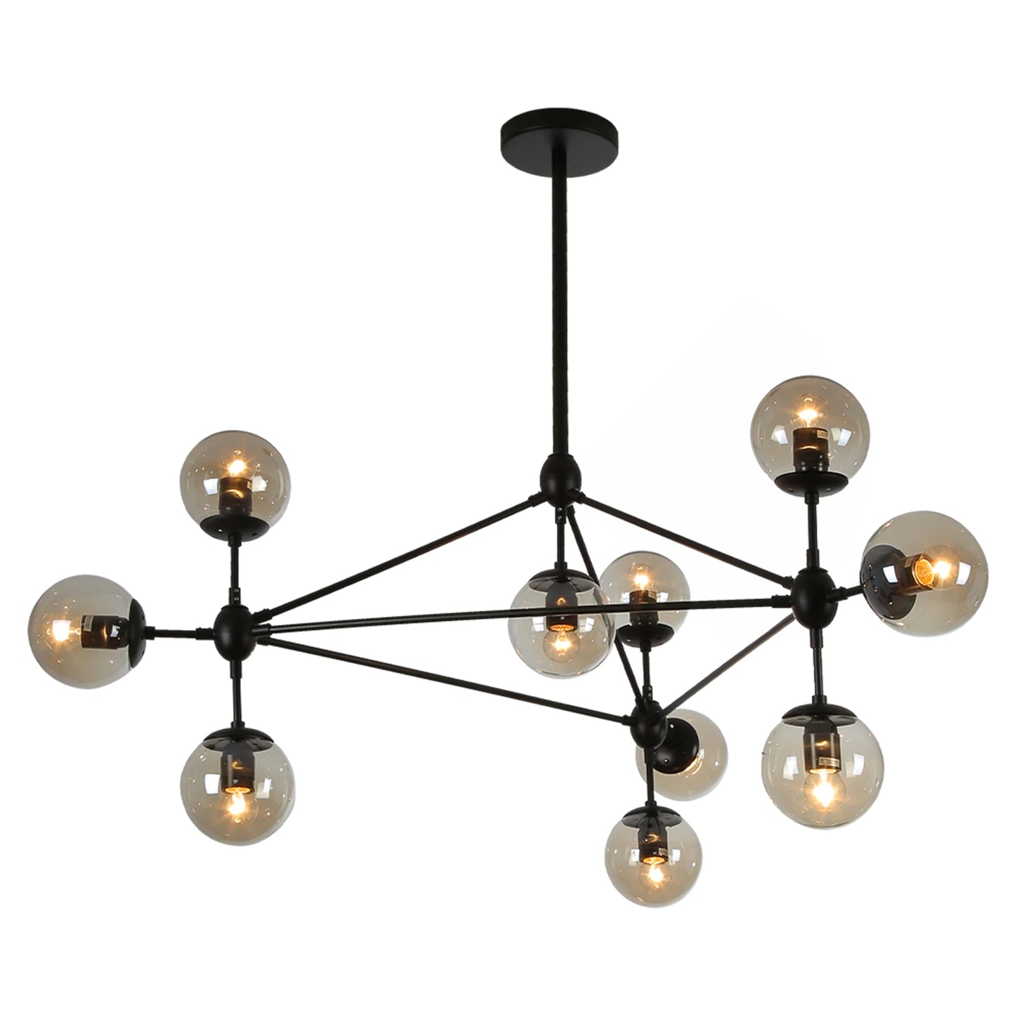 Molecule Shape Black Rod Metal Amber Glass Globe Chandelier Ceiling Light