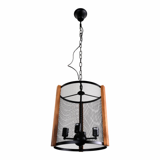 Black Metal Wood Cylinder Cage Pendant Ceiling Light E27