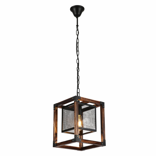 Wood Cube Black Cage Lantern Rustic Pendant Ceiling Light E27