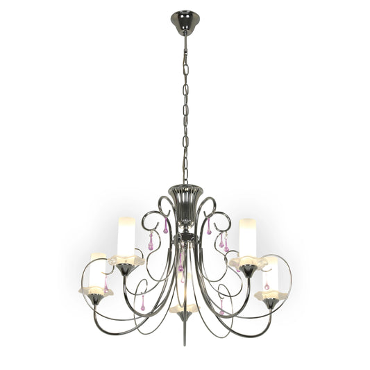 Opal Cylinder Glass Chrome Candle Metal Arm Ceiling Chandelier Light E14