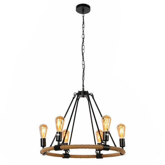 Rustic Charm Jute-Wrapped Circle Chandelier | 6-Light Artisanal Accent Fixture