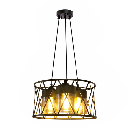 Black Caged Metal Amber Cylinder Glass Chandelier Ceiling Light 3xE27
