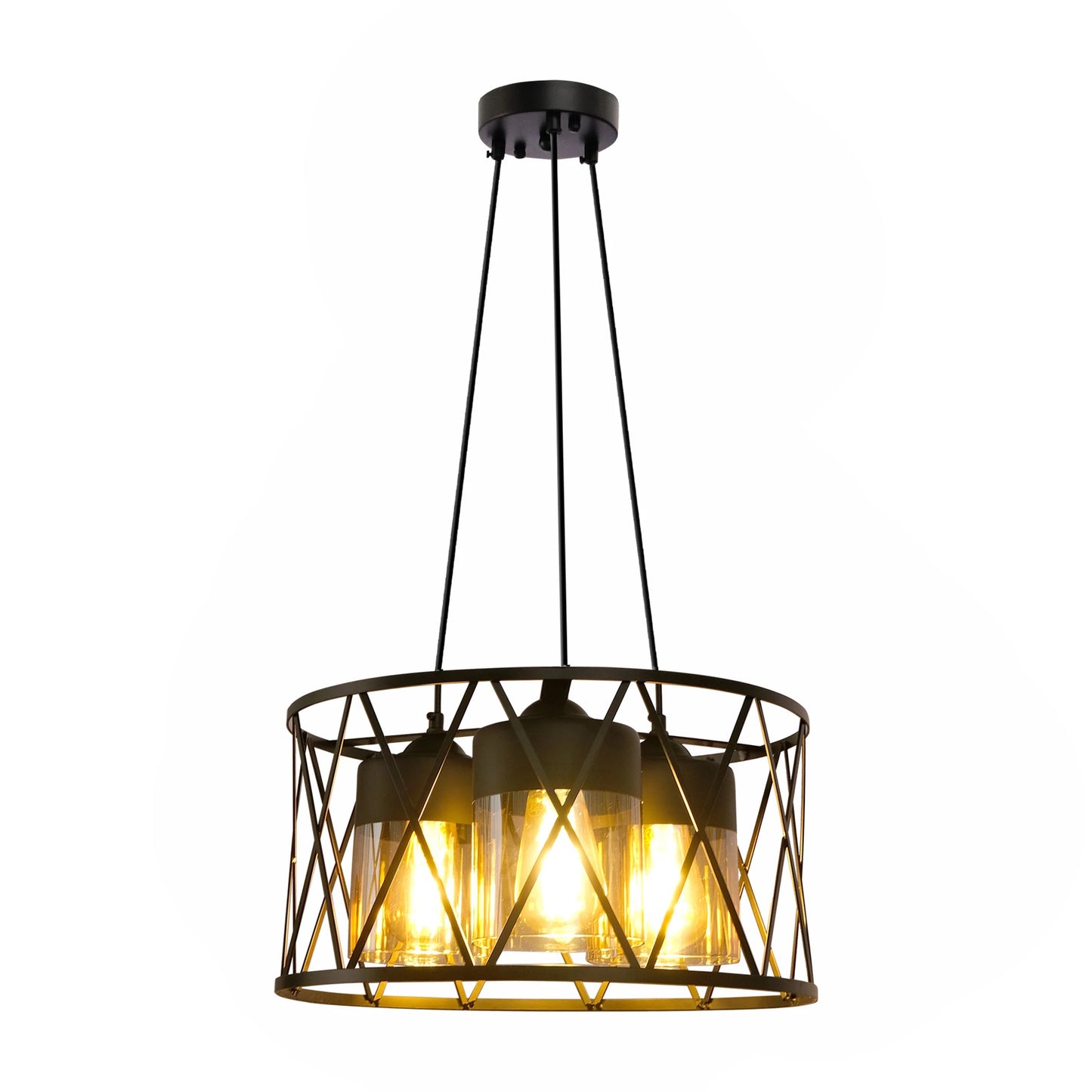 Black Caged Metal Amber Cylinder Glass Chandelier Ceiling Light 3xE27