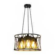 Black Caged Metal Amber Cylinder Glass Chandelier Ceiling Light 3xE27