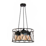 Black Caged Metal Amber Cylinder Glass Chandelier Ceiling Light 3xE27