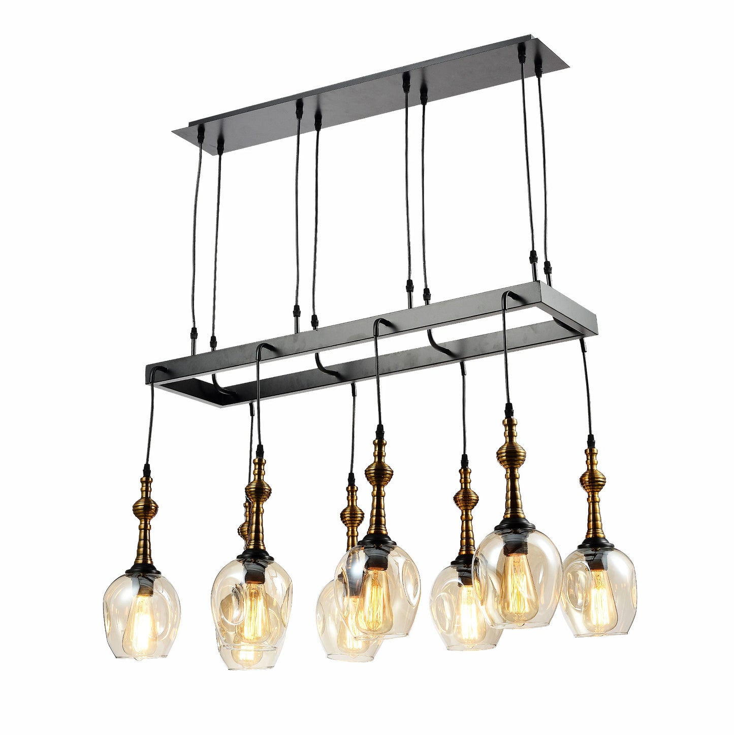 Amber Cone Glass Black Metal Island Ceiling Chandelier Light 8xE27