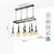 Amber Cone Glass Black Metal Island Ceiling Chandelier Light 8xE27