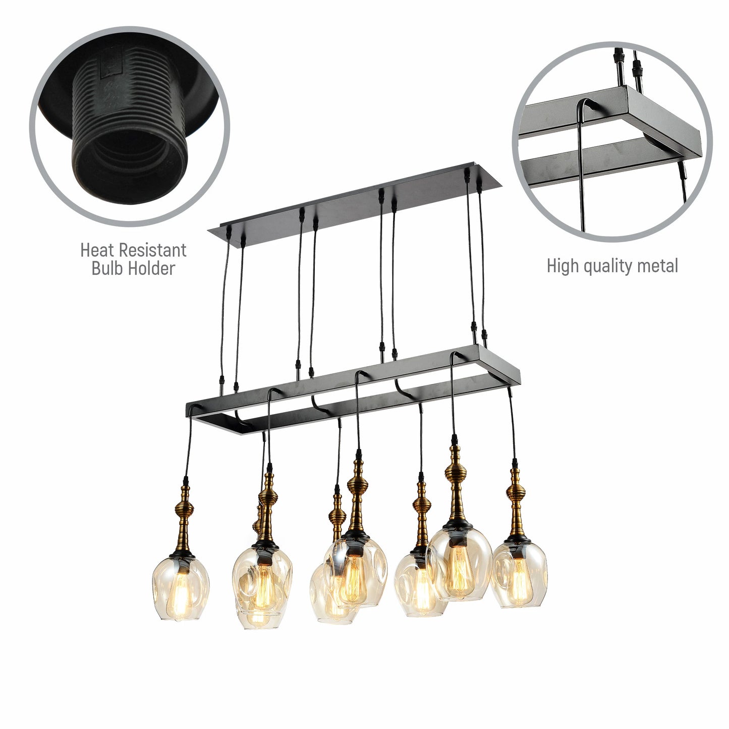 Amber Cone Glass Black Metal Island Ceiling Chandelier Light 8xE27