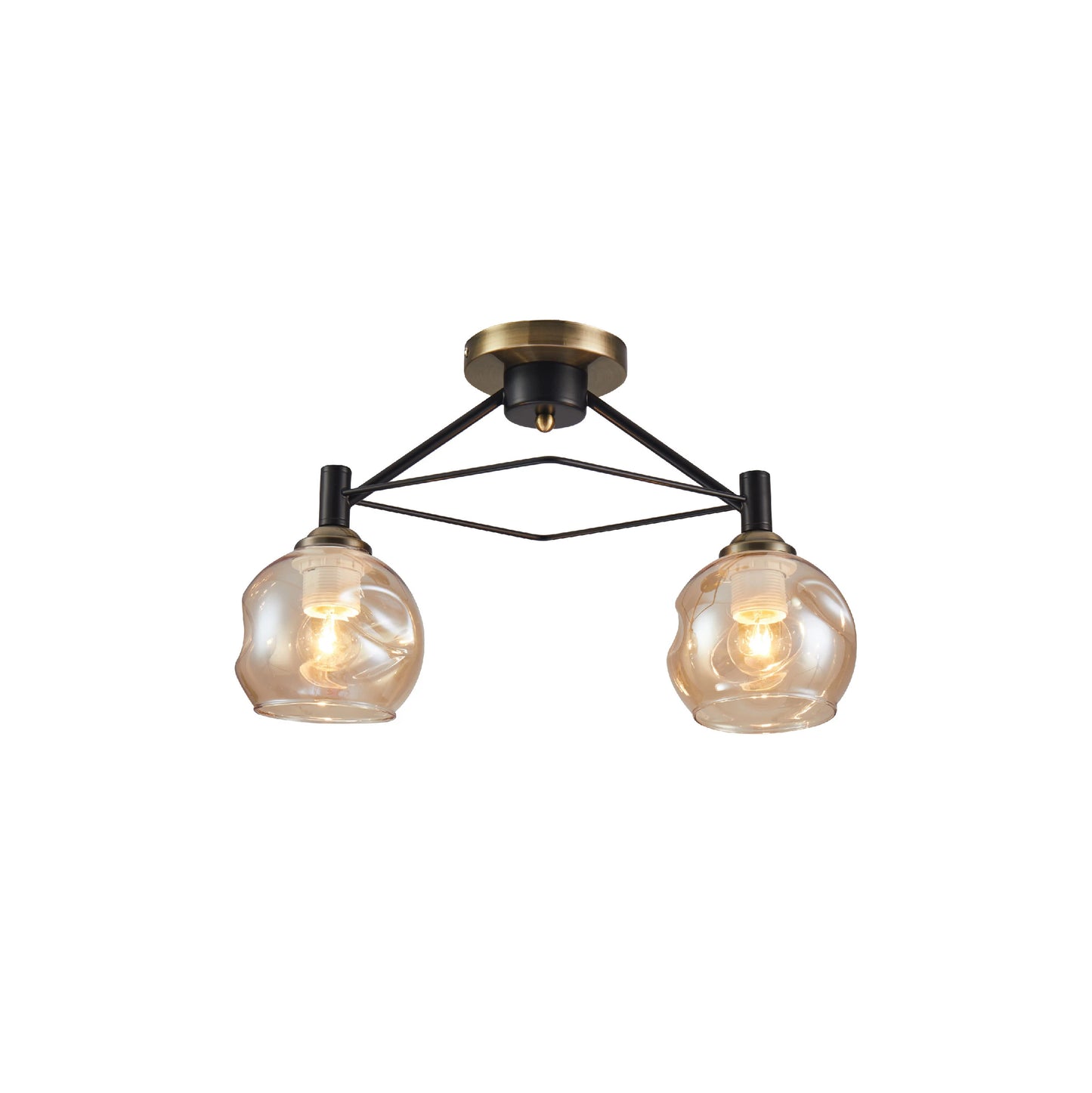 Amber Bell Glass Black Metal Semi Flush Ceiling Light