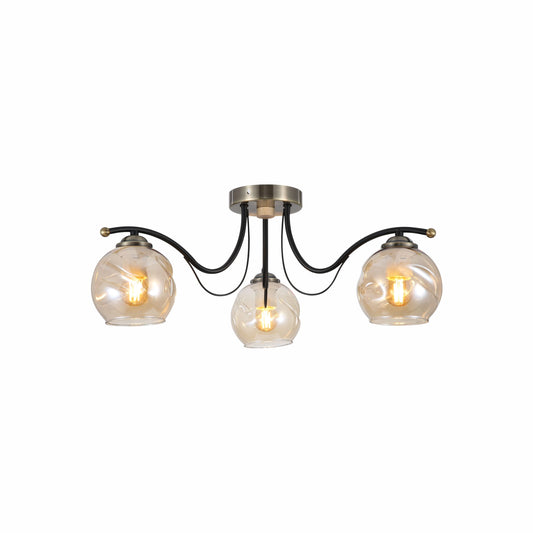 Amber Glass Dome Black and Antique Brass Metal Semi Flush Ceiling Light E27