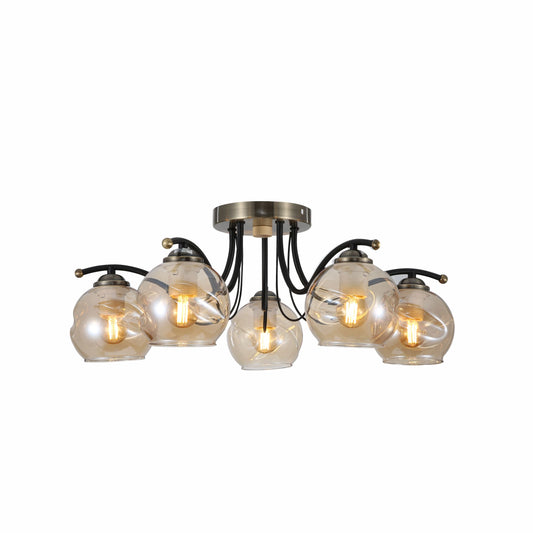 Amber Glass Dome Black and Antique Brass Metal Semi Flush Ceiling Light E27