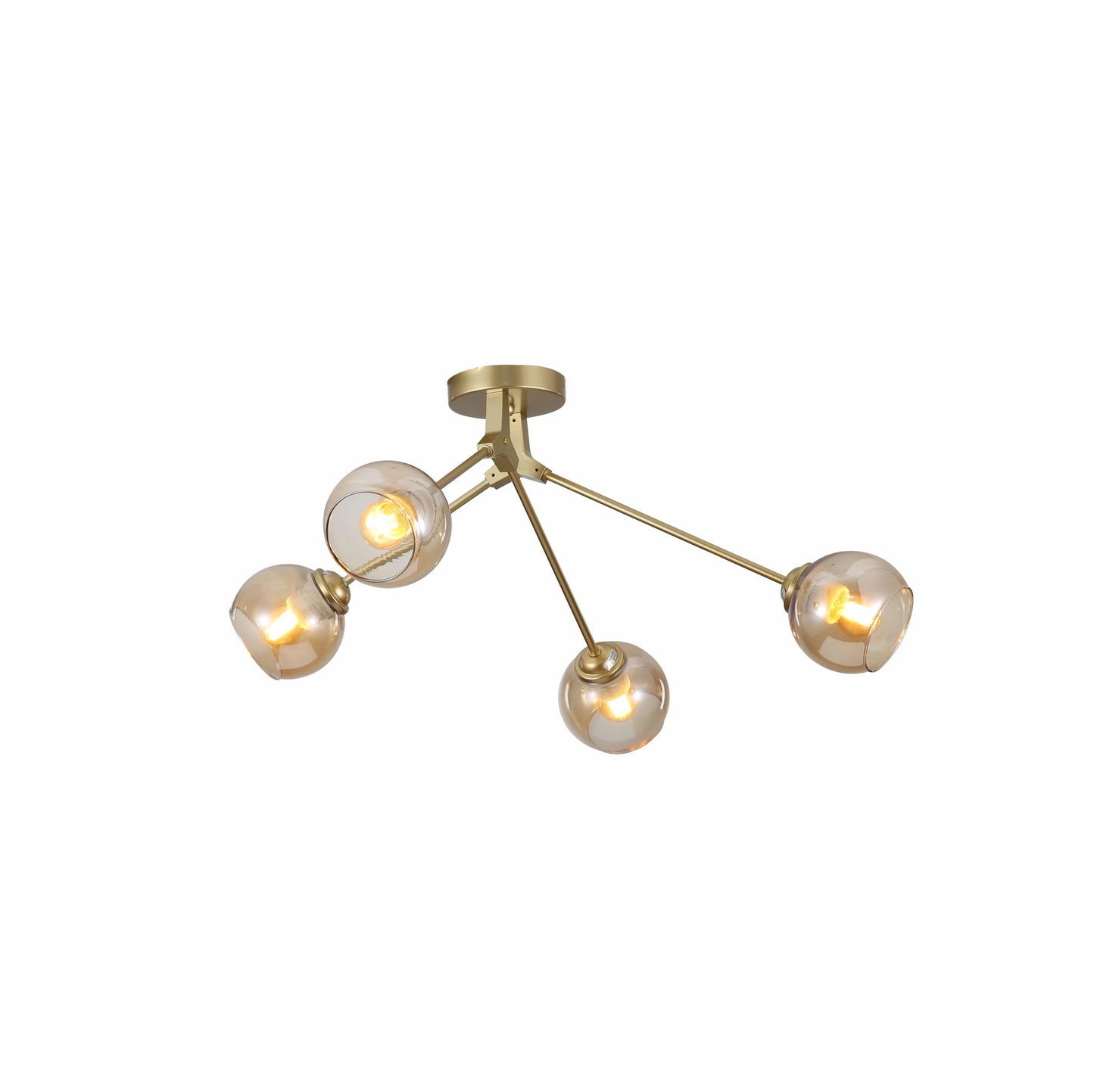 Amber Glass Dome Gold Aluminium Bronze Wishbone Semi Flush Ceiling Light E27