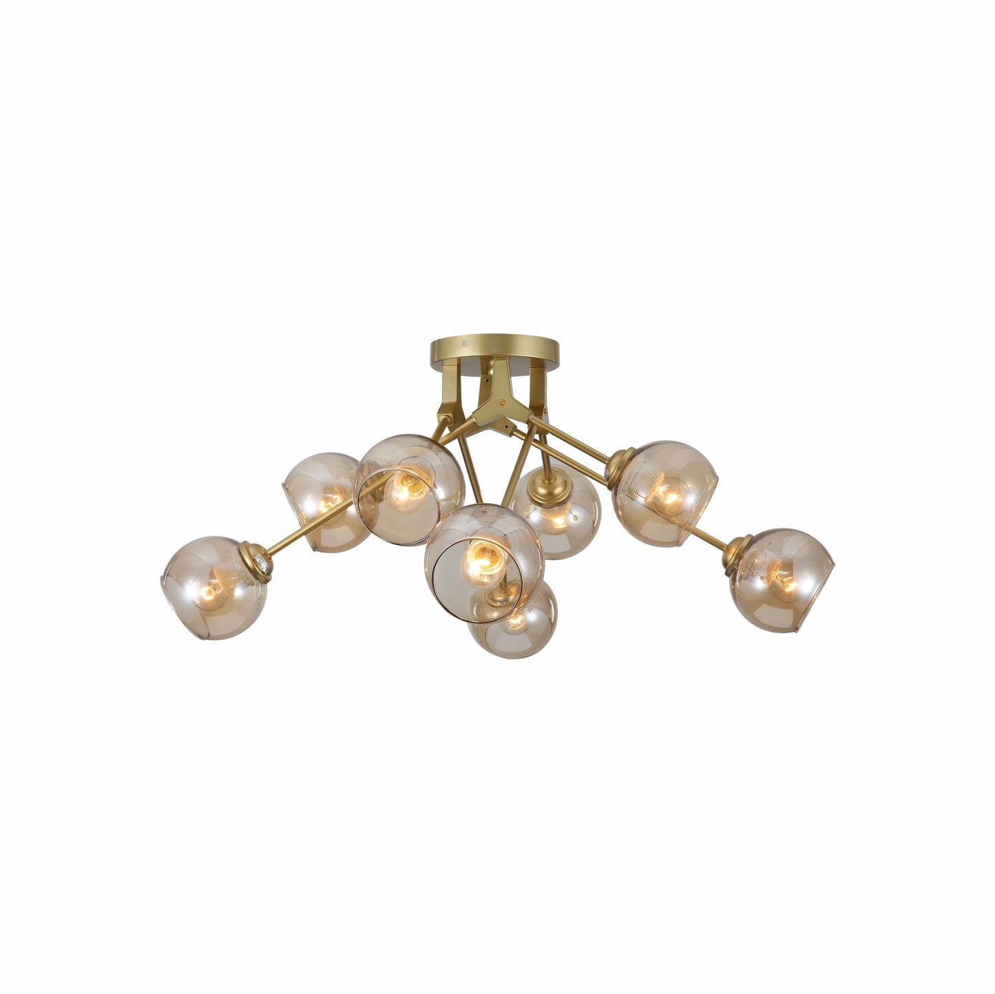 Amber Glass Dome Gold Aluminium Bronze Wishbone Semi Flush Ceiling Light E27